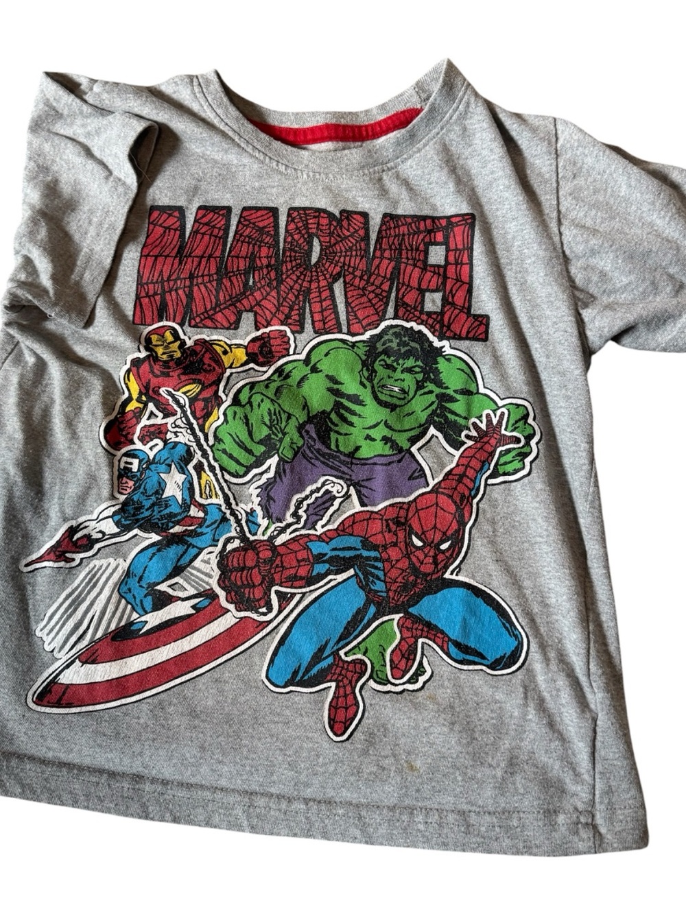 😎Marvel Boys Kids Gray Hulk Spiderman Ironman Short Sleeve Graphic Tee | 6